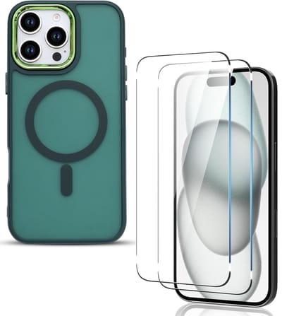 Matte magnetische hoes Geschikt voor: iPhone 16 Pro - Compatibel met MagSafe + 2x Screenprotector - Matte achterkant - Groen