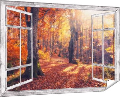 Gards Tuinposter Doorkijk Oranje Herfstbos met Zonneschijn - 180x120 cm - Tuindoek - Tuindecoratie - Wanddecoratie buiten - Tuinschilderij
