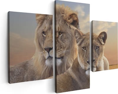 Artaza Canvas Schilderij Drieluik Leeuw En Leeuwin - 90x60 - Foto Op Canvas - Canvas Print