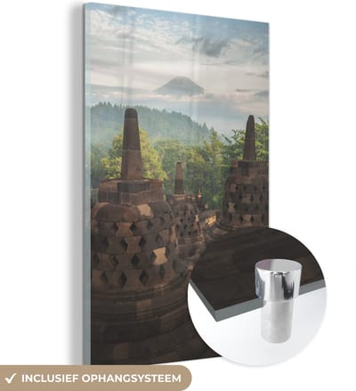 ® Glasschilderij 120x180 cm - Schilderij acrylglas - Fantastisch uitzicht over de jungle vanaf de Borobudur - Foto op glas - Muurdecoratie woonkamer - Wanddecoratie slaapkamer - Schilderijen