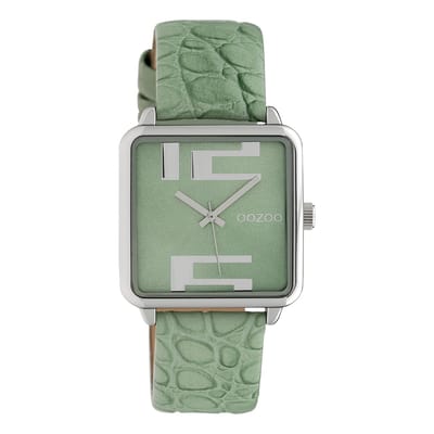 OOZOO Timepieces - Zilverkleurige horloge met licht groene leren band - C10367