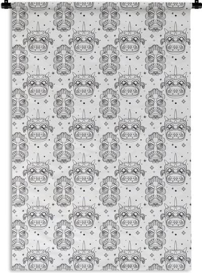 Wandkleed - Wanddoek - Maskers - Inca - Patroon - Zwart-Wit - 120x180 cm - Wandtapijt