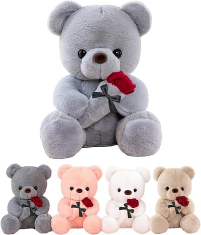 Teddybeer met Roos - Knuffelbeer Pluche Beer - Cadeau geven - Zachte pluche stof - 25 cm - Grijs