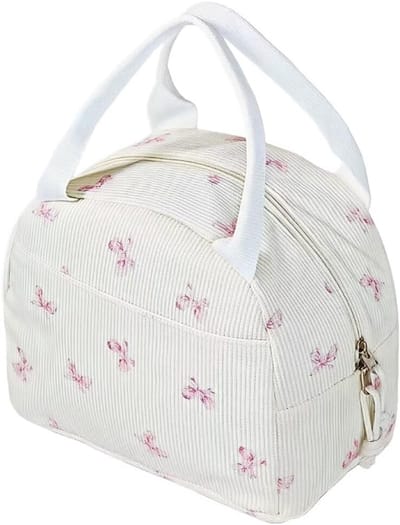 Lunchbox voor dames - Herbruikbare geïsoleerde lunchtas - Tas met vlinderpatroon - Corduroy tas - Geschikt voor gebruik op kantoor, op reis en tijdens een picknick - Wit en roze
