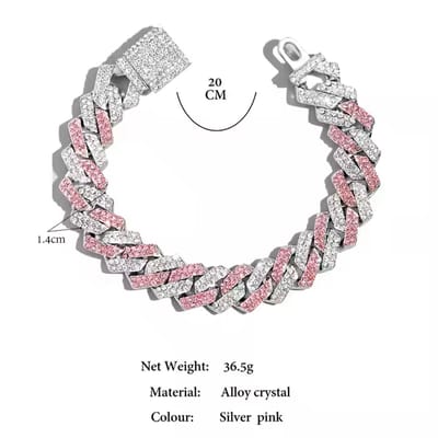 Zilverkleurige Schakelarmband met Roze Strass – 20 cm | 45 g – Iced-Out Hiphop Sieraad – Unisex