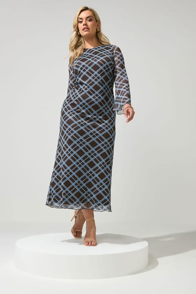 Yours London Chocoladebruin En Blauw Geruite Mesh Jurk Size 38