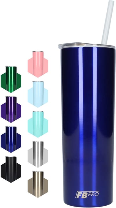 Slanke drinkbeker met rietje - Waterbeker - Thermosbeker - Isoleerkan - Robuust design - Lang formaat - Ideaal voor warm en koud weer - Dubbelwandig - 550 ML - RVS - Blauw