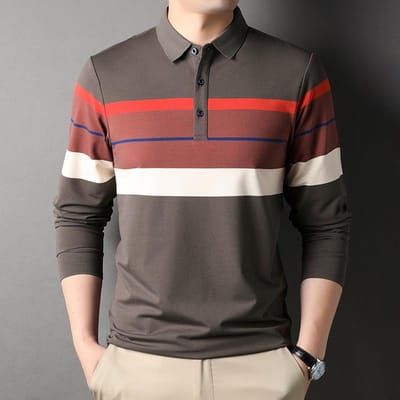 Herfst Nieuw Gestreept Langstapel Katoen Heren Lange Mouwen Middelbare Leeftijd Revers Polo Shirt Heren Geborduurd T-shirt Top XXXXL gray