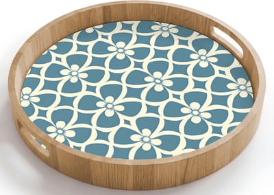 Dienblad rond 40x40 cm - Schootdienblad hout - Patroon - Symmetrisch - Blauw - Borrelplank rechthoek - Plateau houten dienbladen