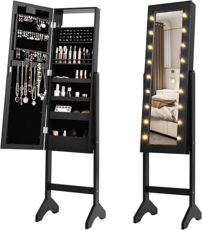 Sieradenkast met LED-verlichting en full-body spiegel – vrijstaande opbergoplossing voor sieraden en cosmetica