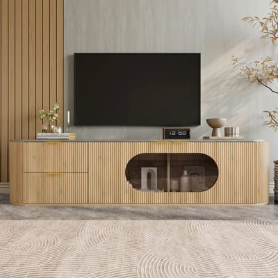 MODFU - Tv-Meubel - Verticale 3D-Deuren - Ovale Glazen Vitrinedeur - Modern - Woonkamer - MDF - Naturel - 172 x 38 x 45,5 cm
