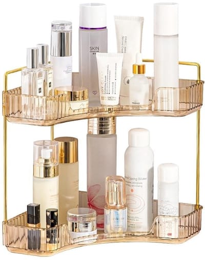 Unyqoos ® Stijlvolle Minimalistische Cosmetica- en Badkamer Organizer met Twee Lagen in Amberkleurig Design