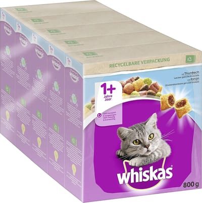Whiskas Adult 1+ droogvoer tonijn, 5x800g (5 pakjes) - droog kattenvoer voor volwassen katten - verschillende productverpakkingen beschikbaar