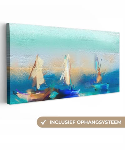 Canvas - Schilderij - Oil painting - Boten - Abstract - Zee - 40x20 cm - Wanddecoratie - Schilderijen op canvas