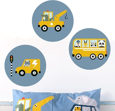 Muurcirkel set Dieren Onderweg jeans blauw 3x 30cm - muursticker - voertuigen - dieren - bus - takelwagen - krokodil - panda - aap - baviaan - blauw - oker - kinderkamer - jongenskamer - muurdecoratie - kinderkamerstyling – kinderkameraccessoire