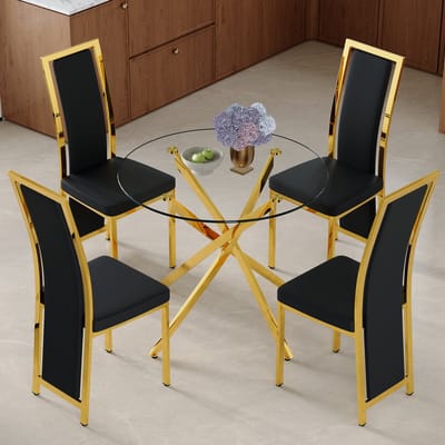 MIVRAY Eettafelset 88 cm - Ronde Tafel Met 4 Stoelen Voor Kleine Eetkamer - Gehard Glas, Metaal, Kunstleer - Zwart Goud