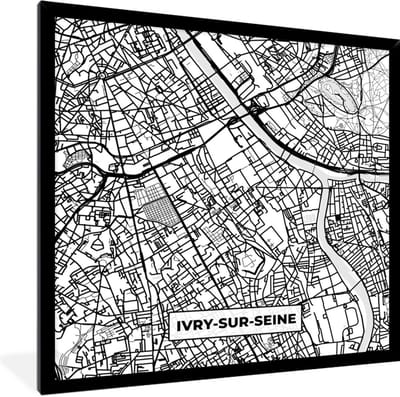 Fotolijst incl. Poster Zwart Wit- Kaart - Stadskaart - Frankrijk - Plattegrond - Ivry-sur-Seine - Zwart wit - 40x40 cm - Posterlijst