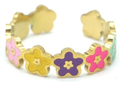 Ring met Bloemen - RVS - One Size - Goudkleurig - Multi Color - Zomer