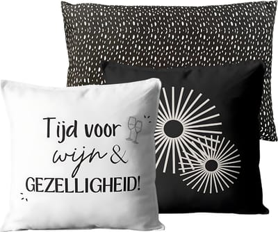 Buitenkussen Set van 3 voor Binnen en Buiten - tuinkussens - tuin - tuinaccessoires - tuininrichter - sierkussen - Wijn / Goede Dag / Zwart Hart - 40x40 cm - Dubbelzijdig Ontwerp