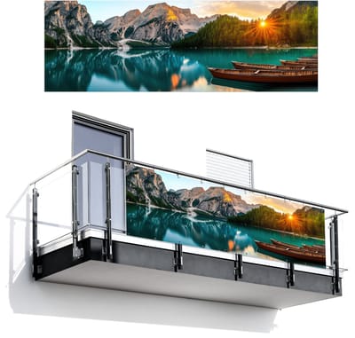 Balkonscherm 300x100 cm - Balkonposter Meer - Bergen - Zonsondergang - Boot - Balkon scherm decoratie - Balkonschermen - Balkondoek zonnescherm