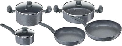 8-delig pannenset met antiaanbaklaag - 2 potten, 2 pannen, 3 glazen deksels - krasbestendige meteoriet-minerale coating