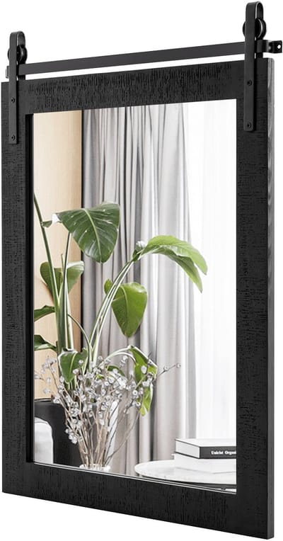 COSTWAY vierkante spiegel met houten frame, 76.5 x 56 cm, rustieke wandspiegel, breukvaste hangspiegel met metalen standaard, voor hal, woonkamer, slaapkamer (zwart)