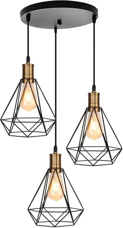 3 Hanglampen Industriële Diamant E27 Kroonluchter Vintage voor Slaapkamer Woonkamer Keuken Zwart