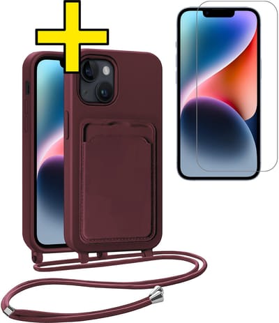 Hoesje Geschikt voor iPhone 13 Telefoonhoesje Met Koord Case Pashouder Met Screenprotector Siliconen - Hoes Geschikt voor iPhone 13 Hoesje Met Kaarthouder - Aubergine