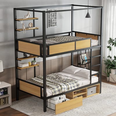 MODFU - Etagenbed 90x200 cm – Zwart/naturel met opbergruimte & lades – FSC
