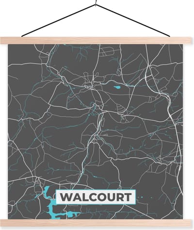 Posterhanger incl. Poster 40x40 cm - Schoolplaat - België – Walcourt – Stadskaart – Kaart – Blauw – Plattegrond - Textielposter - Blanke latten - Stadskaart