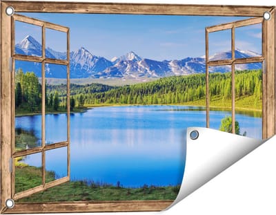 Gards Tuinposter Doorkijk Meer bij de Bergen in het Bos - 60x40 cm - Tuindoek - Tuindecoratie - Wanddecoratie buiten - Tuinschilderij