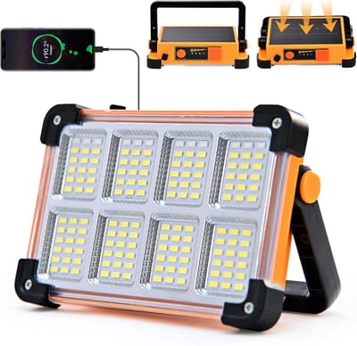 LED Bouwlamp Oplaadbaar - 4 Modi Werklamp - Zonne-USB Aangedreven - Waterdicht - Voor Garage/Camping/Nood - Zwart/Geel - 1 Stuk