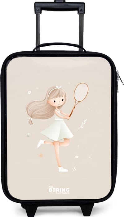 NoBoringSuitcases.com® - Kinderkoffer jongen - Kindertrolley meisje - Meisje speelt tennis in beige kleuren - Koffer kind lichtgewicht - Reiskoffer trolley voor kinderen - Koffertje met lichtgevende wieltjes - Rolkoffer zwart