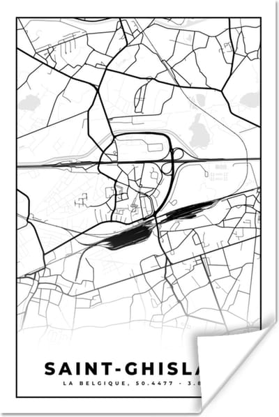 Poster Zwart Wit – België – Plattegrond – Stadskaart – Kaart – Saint Ghislain - 120x180 cm XXL