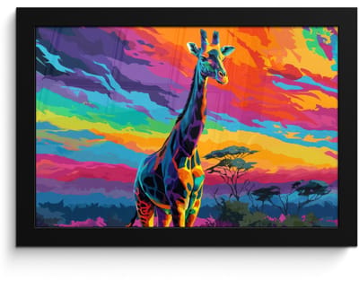 Poster in lijst - Fotolijst 30x20 cm - Posters - Giraffe - Savanna - Lucht - Gekleurd - Posterlijst zwart - Decoratie - Wanddecoratie woonkamer - Muurdecoratie slaapkamer