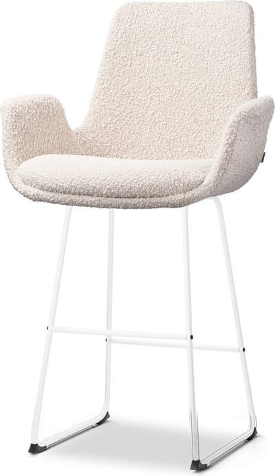 Nolon Nino-Eef Barkruk Bouclé Beige - met Armleuning - Wit Onderstel - 65 cm - Voor Kookeiland - Barkruk met Rugleuning - Lage Armleuning