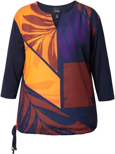 Ulla Popken - Dames - Shirt bladeren oversized tuniekhals 3/4-mouw - Marine - Maat 42+