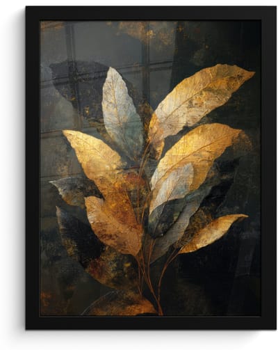 Poster in lijst - Fotolijst 30x40 cm - Posters - Gouden Bladcompositie – Botanische Luxe - Posterlijst zwart - Decoratie - Wanddecoratie woonkamer - Muurdecoratie slaapkamer