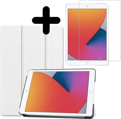 Hoesje - Geschikt voor Apple iPad 8 (2020) - 10.2 inch - 8e Generatie - Met Screenprotector - Hardcover Book Case - Trifold Bookcase Hoes - Hard Cover - Tablethoes - Wit