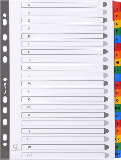 Exacompta 10x Tabbladen karton 160g - versterkte gekleurde tabs + inbdexblad - 20 tabs - A tot Z - A4 - Wit - 1111E