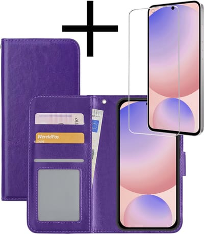 Hoesje - Met Screenprotector - Geschikt voor Samsung Galaxy S24 FE - Luxe Pasjeshouder - Bookcase Portemonee - Flip Case - Kunstleer Book Case - Flipcase - Book Cover - Walletcase - Portemonneehoes - Paars