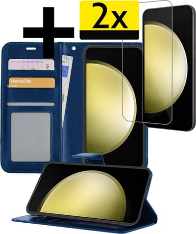 Hoesje - Met 2x Screenprotector - Geschikt voor Samsung Galaxy S23 FE - Luxe Pasjeshouder - Bookcase Portemonee - Flip Case - Kunstleer Book Case - Flipcase Hoes - Book Cover - Walletcase - Portemonneehoes - Telefoonhoesjes - Donkerblauw