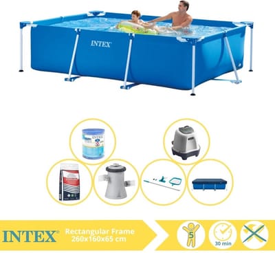Intex Rechthoekig Frame Zwembad - 260 x 160 x 65 cm - Blauw - Inclusief Afdekzeil - Zwembadfilterpomp - Filter - Schoonmaakset - Zoutwatersysteem - Zwembadzout - 7-delig