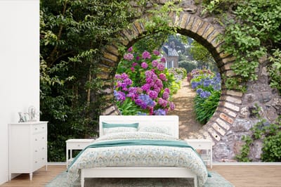 Behang - Fotobehang Doorkijk - Bloemen - Hortensia - Zomer - Breedte 420 cm x hoogte 280 cm