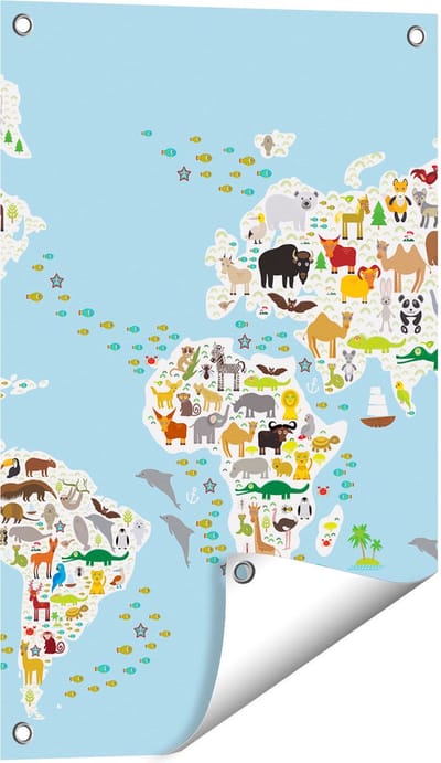 Gards Tuinposter Wereldkaart met Dieren - 40x60 cm - Tuindoek - Tuindecoratie - Wanddecoratie buiten - Tuinschilderij