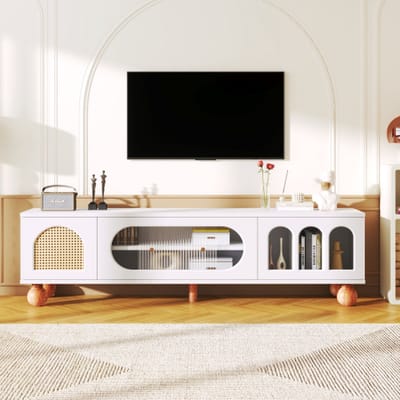 TV-meubel, TV-meubel met rotanachtige deur, glazen schuifdeur, drie open gebogen delen, dressoir met gouden handgrepen en massief houten poten.
