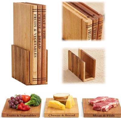 KZQ Snijplank - Dikke houten snijplank - Boekvormig - Antislip snijplankenset - Met sapcentrifuge - Decoratieve snijplankhouder - Driedelige set - Geschikt voor het snijden van fruit en vlees - Bruin