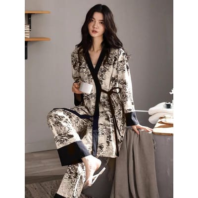 Nieuwe Pyjama Sets Dames Katoen Lange Mouw Kimono Nachthemd Driedelige Set XXL black