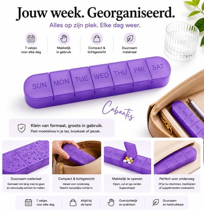 Cabantis® Pillendoos Week - Medicijndoos 7 Dagen - Pillen Organizer voor Medicatie, Vitamines & Supplementen - Compacte Weekdoos voor Onderweg - Paars