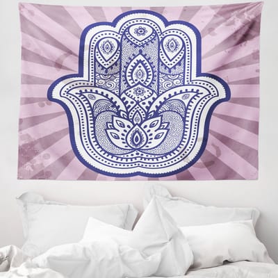 ABAKUHAUS HAMSA Wandtapijt, Handgetekend Turks Paisley Boheems motief op grunge strepen, 150 x 110 cm, Blauw